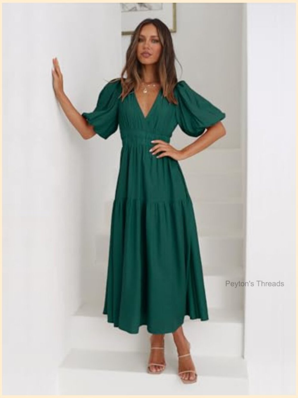 Deep V Neck Puff Short Sleeve Maxi Dress Flowy Tiered Boho Summer Dress - Picture 4 of 7